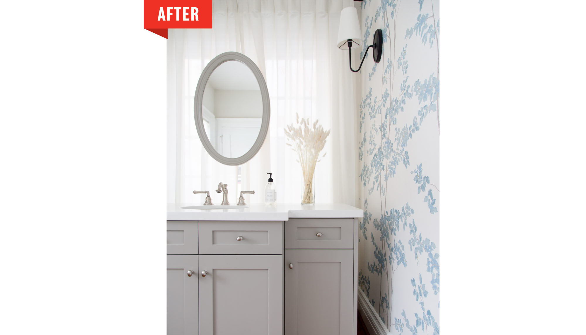 The new powder room is all about bright lighting and floral motifs. 
