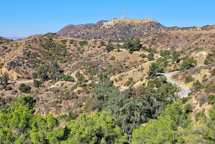 Hollywood sign and hiking trails from Griffith Observatory in Los Angeles