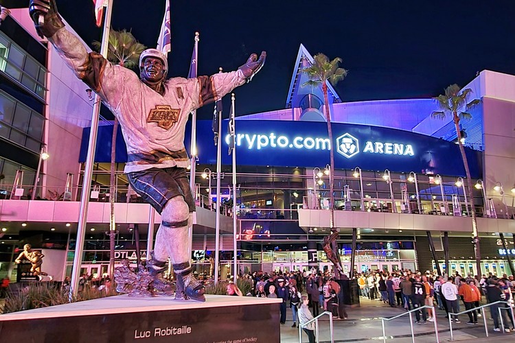Luc Robitalle statue at Star Plaza in front of Crypto.com Arena in downtown Los Angeles, California