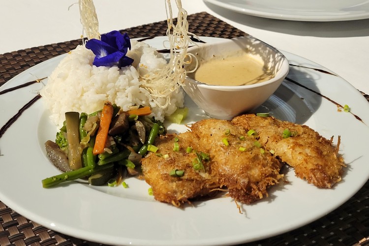 dining at Ori Ori restaurant at Hotel Royal Bora Bora, coconut shrimp main dish on menu