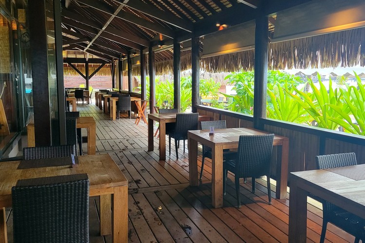 Seating area for breakfast buffet at Royal Bora Bora Hotel