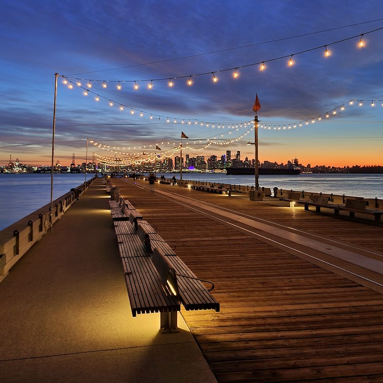 Burrard Dry Dock Pier at Shipyards District Lonsdale Quay sunset of Vancouver