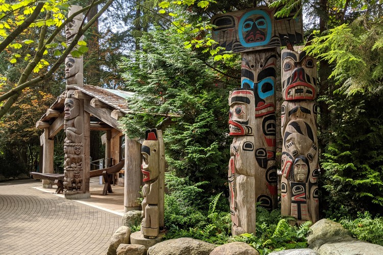 totem poles inside Capilano Suspension Bridge Park in North Vancouver, British Columbia