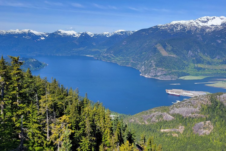 mountain landscape views of Howe Sound from viewing platform at Sea to Sky Gondola in Squamish, British Columbia, Canada