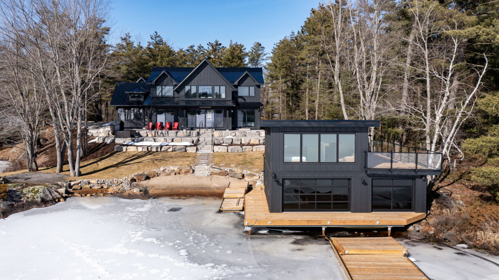 The main home faces west and comes with a two-storey boathouse.