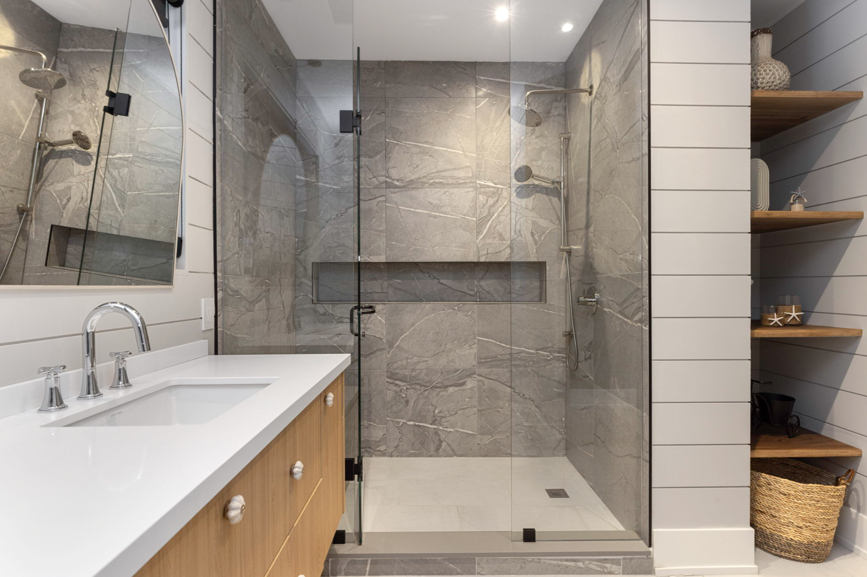 The dramatic stone shower in the ensuite is a nice touch. 