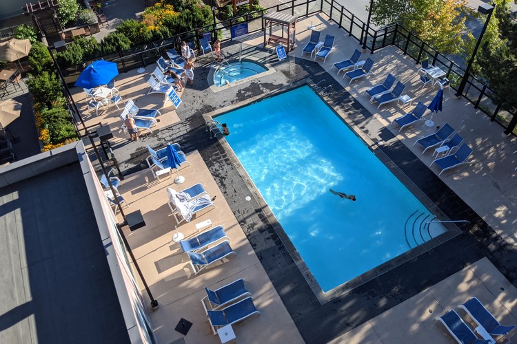 View of the heated outdoor pool at the Hilton Whistler 