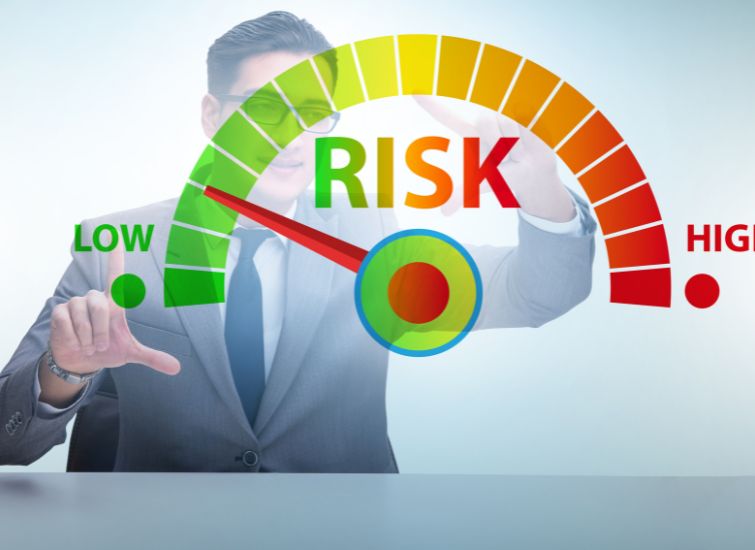 A businessman adjusting a virtual risk assessment meter from low to high risk.
