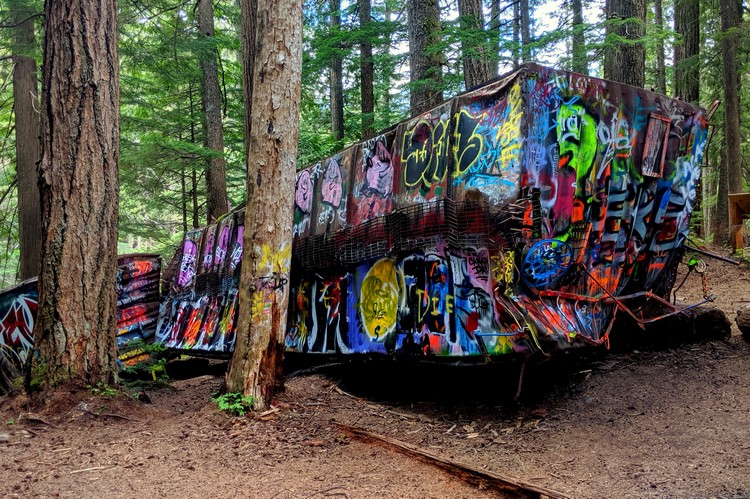 Whistler train wreck graffiti on old box cars