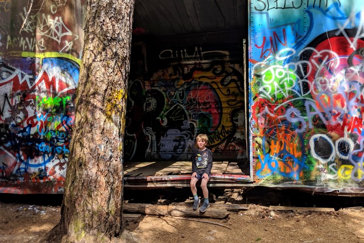 Whistler train wreck graffiti on old box cars