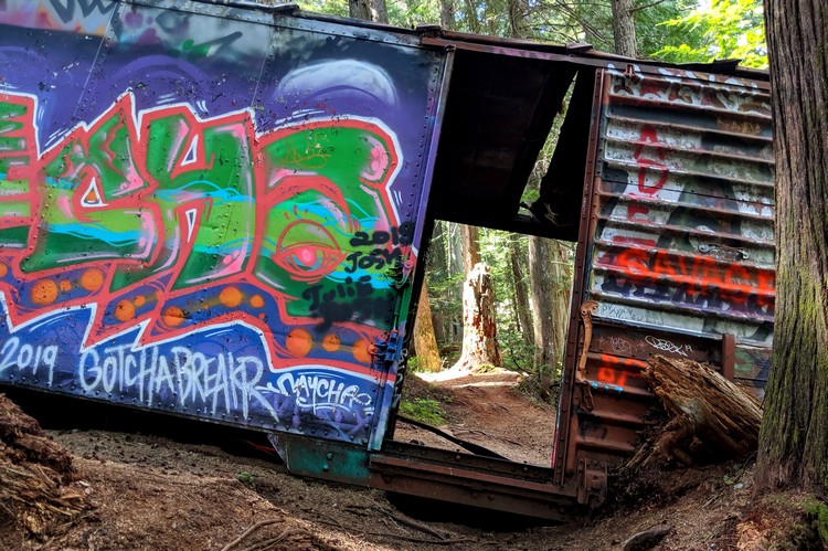 whistler train wreck outdoor art gallery on box cars