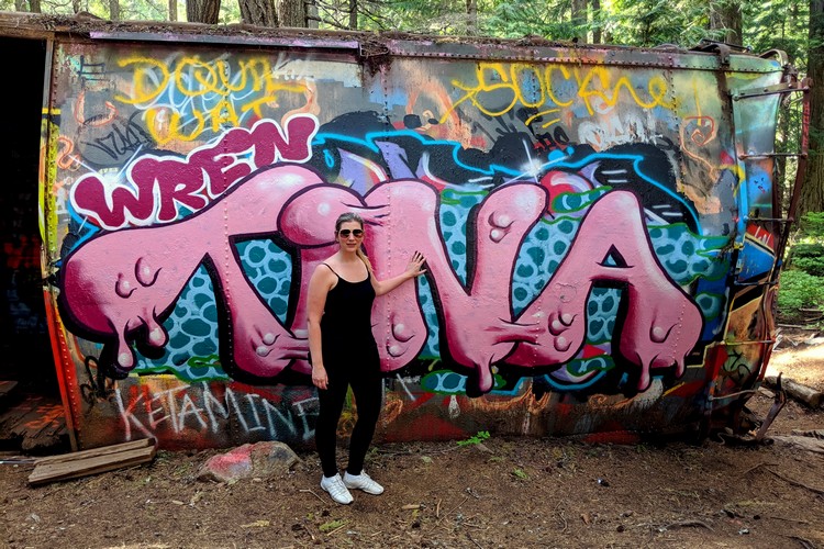 Whistler train wreck graffiti on old box cars