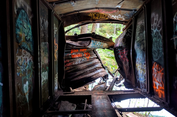 Inside the box car at the Whistler train wreck site