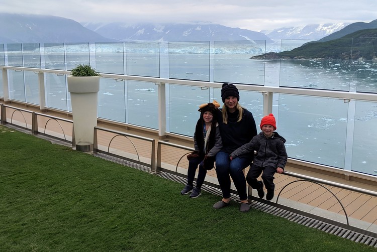 view from upper deck on Alaska cruise ship viewing Hubbard Glacier and icebergs