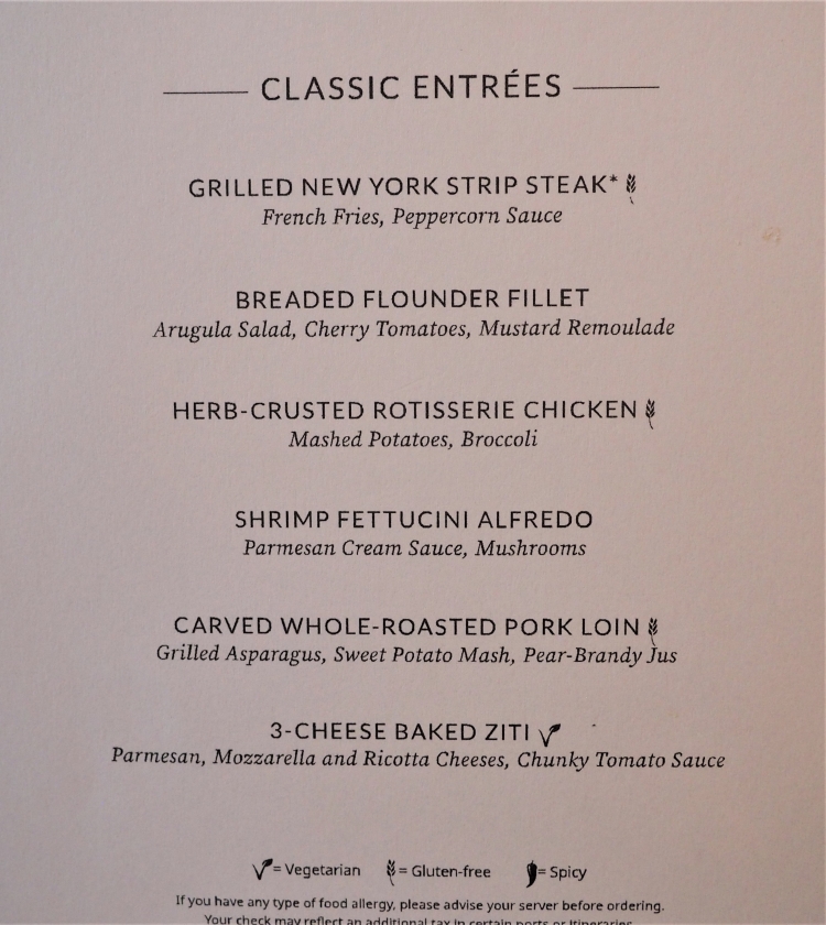 Classic Entrees menu items on the Norwegian Bliss Cruise