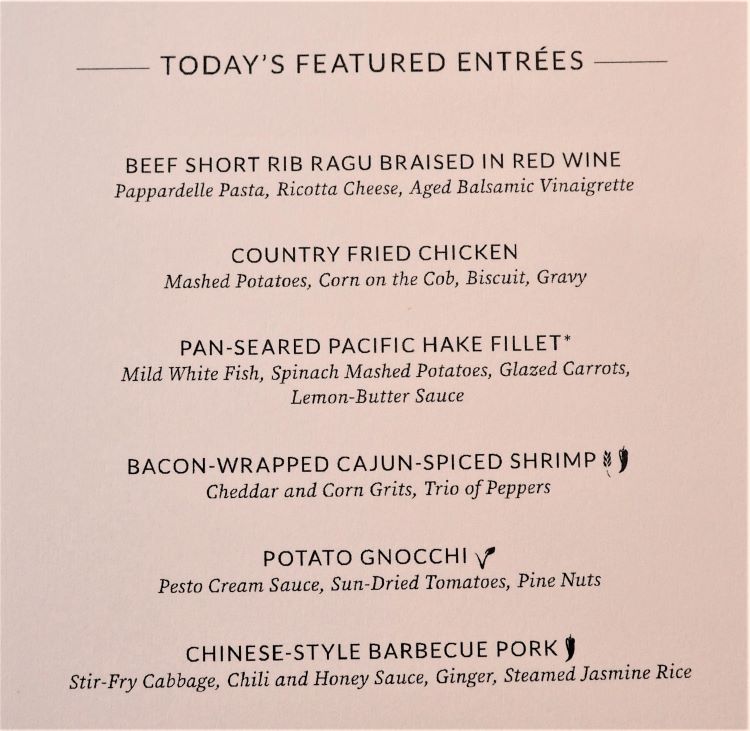 Norwegian Bliss Menu for featured entrees at main restaurant 