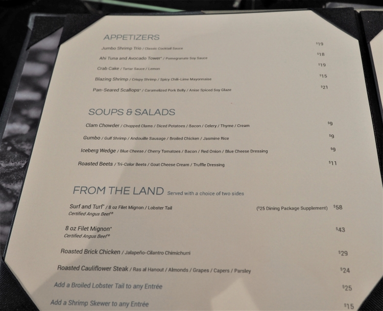 Cagney's Steakhouse menu on Norwegian Bliss cruise ship, specialty cruise dining restaurant