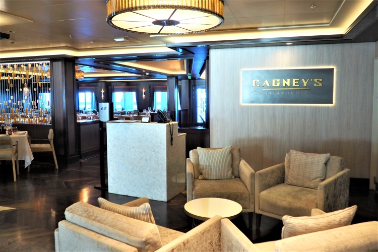 Entrance to Cagney's Steakhouse on Norwegian Bliss cruise ship, specialty cruise dining restaurant