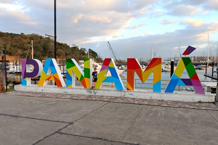 giant Panama sign at Flamenco Island on Amador Causeway in Panama City