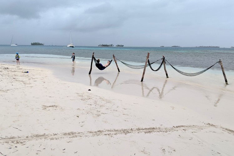 beach hammocks on Yanis Island in the San Blas Islands, Panama 