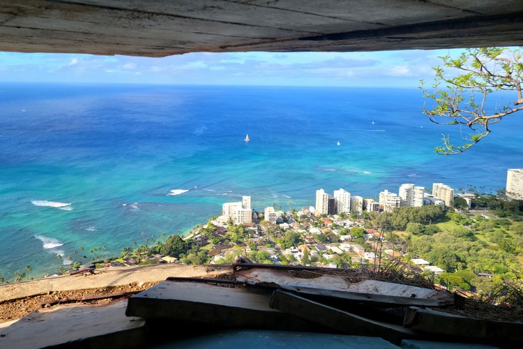 views from inside an abandoned military bunker on the Diamond Head hike in Honolulu Hawaii