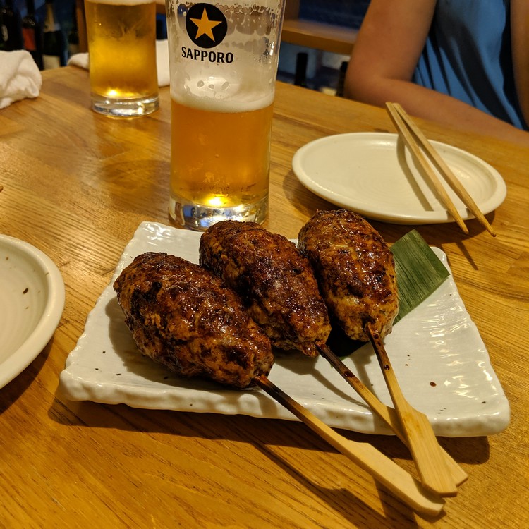 chicken meatball yakitori served at a Yakitori-ya in Kyoto