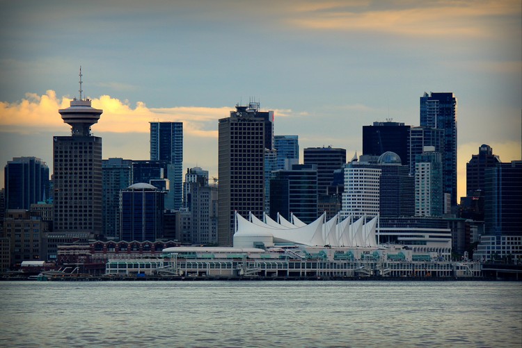Vancouver skyline from North Vancouver, Burrard Inlet and Canada sails