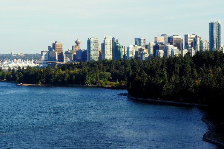 Vancouver skyline from Lions Gate Bridge, Stanley Park