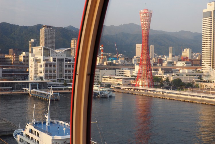 Views of the Kobe Port Tower and Mount Rokko from inside the Mosaic Ferris Wheel, things to do in Kobe Japan