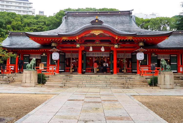 main hall and temple inside Ikuta Shrine in Kobe Japan