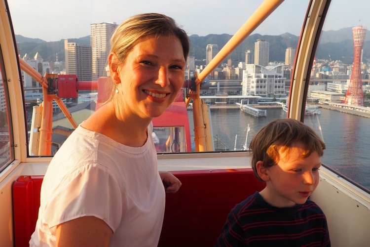 All smiles inside the Mosaic Ferris Wheel at Kobe Harborland