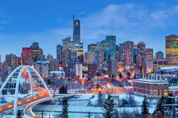 Edmonton skyline during winter at dusk.