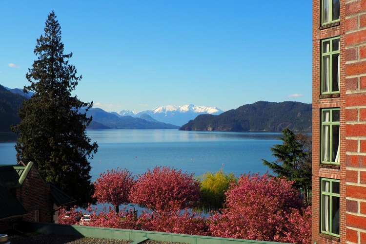 Landscape views of Harrison lake from East Tower balcony of Harrison Hot Springs Resort