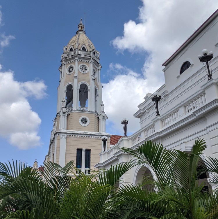 Bell tower of San Francisco de Asis Church in Plaza Bolivar, Casco Viejo Panama