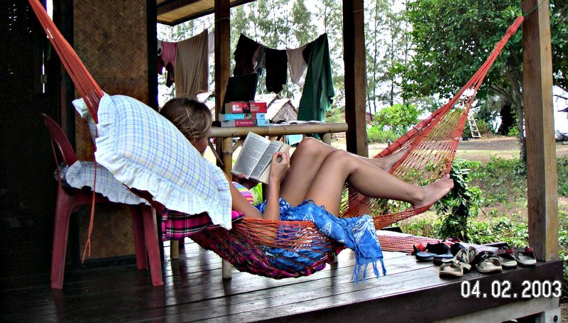 Micki in a hammock by our beach hut on Ko Lanta Thailand 